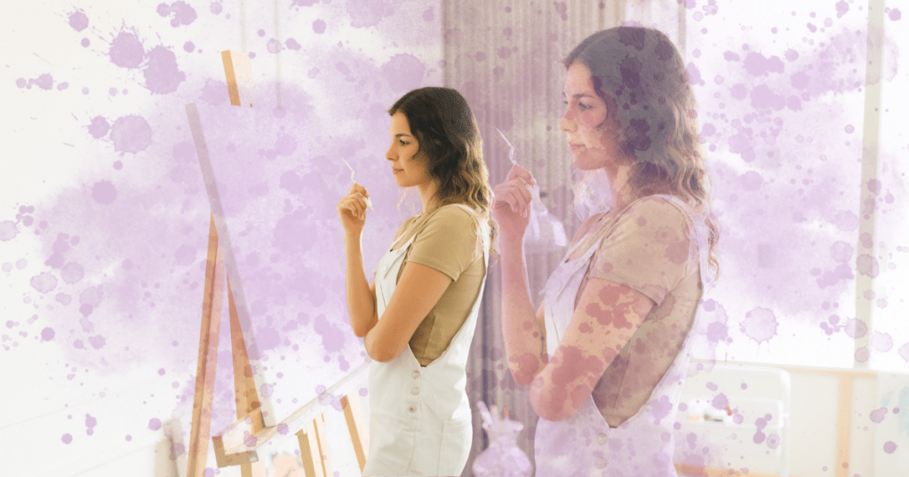 artist on purple background with easel thinking about what to do next 