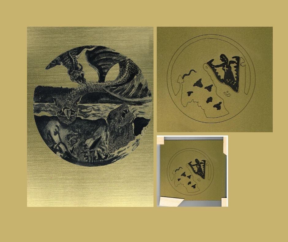 Using small buffers such as cork or canvas inserts means the light can bounce back. Above right shows the scan with the buffer wood and edited, left is an edited image showing brushed gold finish work. 