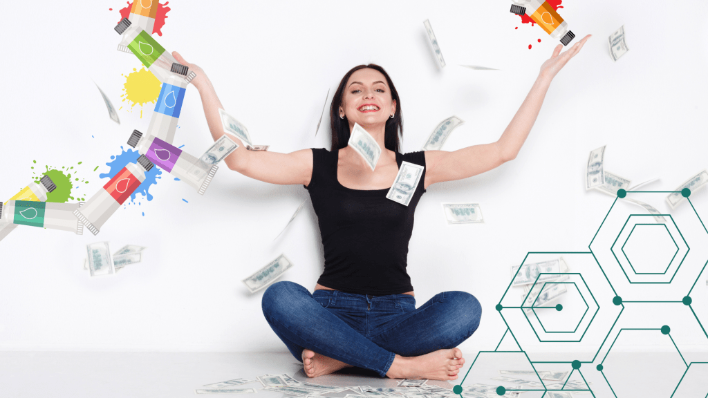artist with business acumen throwing paint and money around