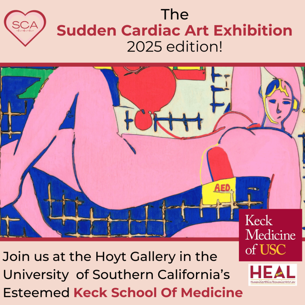 Sudden Cardiac Art Exhibition at Keck School of Medicine, HEAL programme Image of woman in pink with AED by Charlie Kirkham