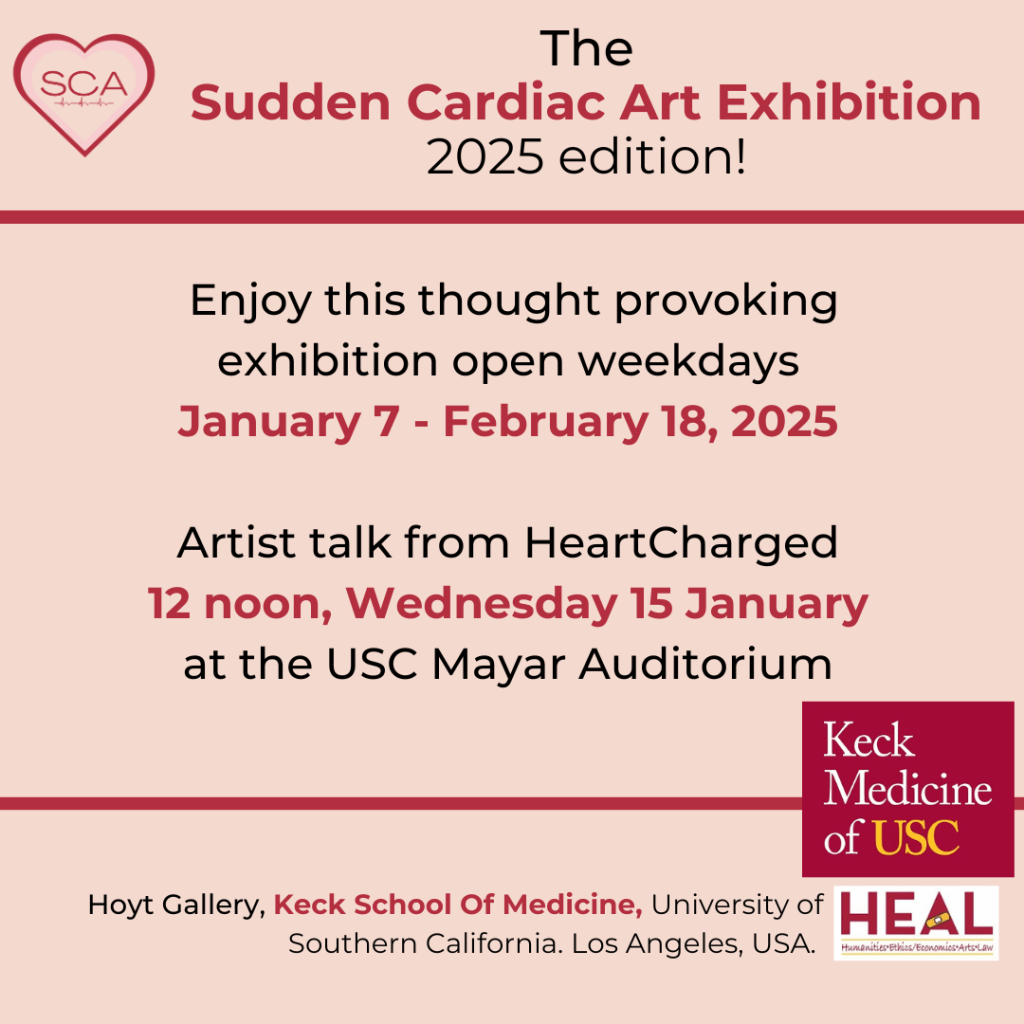 Pink and red image with black text showing Sudden Cardiac Art exhibition at Keck Medicine USC January 7 - February 18 2025